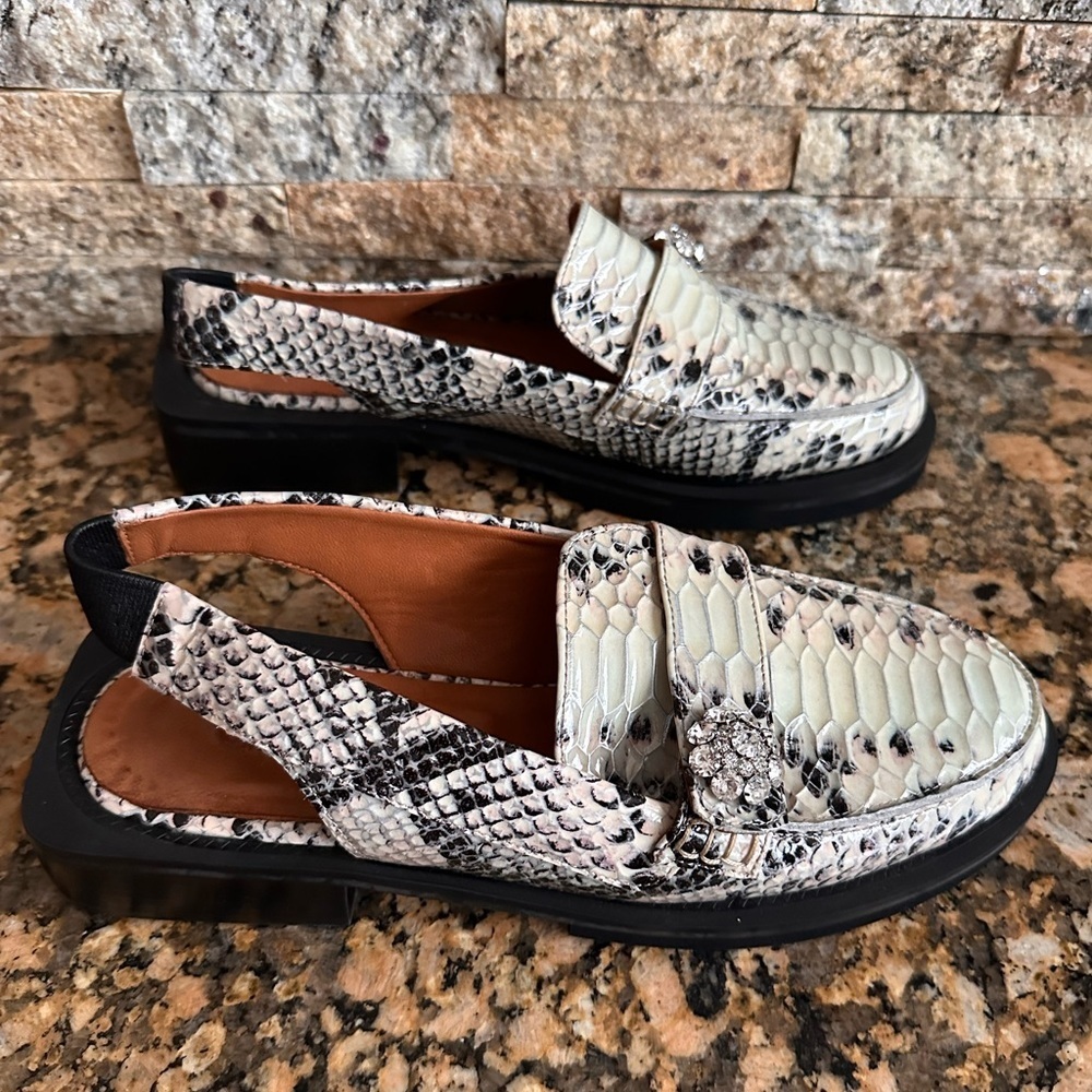 GANNI Women Crystal Embellish Snakeskin Leather Slingback Loafers - Picture 2 of 8
